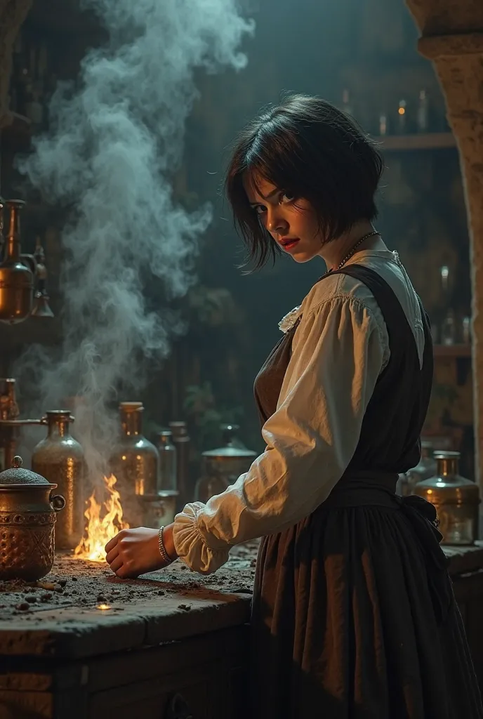 Night,   medieval, young peasant girl , dark short hair, Evil smile, turns back, wearing old peasant clothes in an alchemy lab, smoke is spreading,    Masterpiece , concept art,  medium plan, panoramic,  alchemy lab interior,   mythical  ,   fantasy theme ...