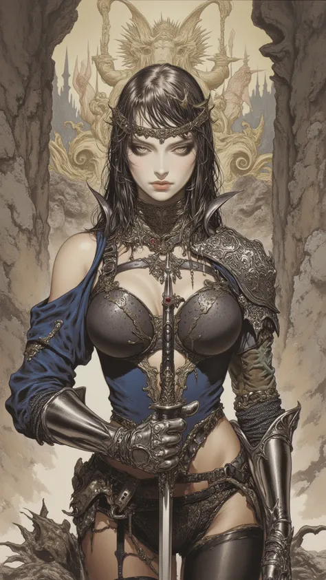 Female Knight，full body, a powerful sexy woman with a mysterious temperament ，Drawn by Wayne Reynolds，in a highly detailed and dynamic style, 