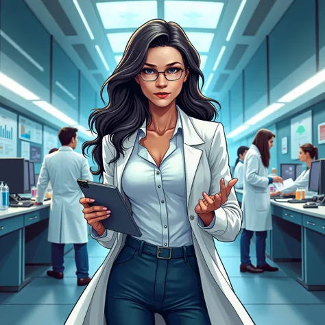 Create a comic, hq, female character, who provides guidance to a group of scientific researchers. A kind of Director of Operations in the pharmaceutical industry