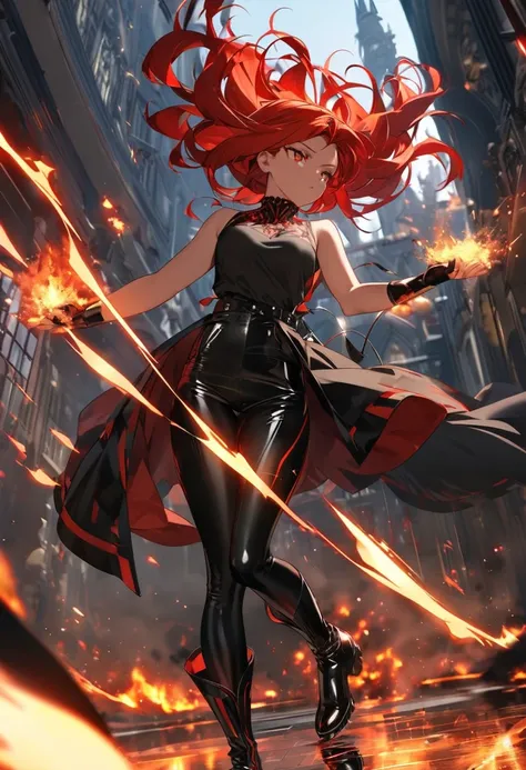 When she awakens her powers, her aura seems to tremble like flames. Her hair gains more intense reflections, like hot embers. Your eyes, formerly golden , now shine like liquid fire.

She wears a short black leather jacket with red details, leaving part of...