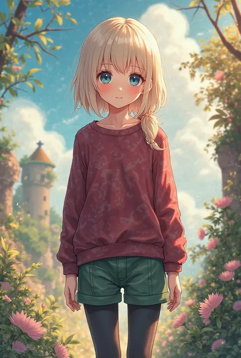 Anime picture of a fair-haired girl with dark blue eyes, burgundy long t-shirt, green shorts with black pants.