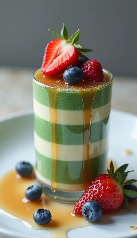 Hgraphic elements, Dynamic Light, Cinematics, HDR, UHD, professional PHOTOGRAPH OF:

"A modern composition featuring a mini tower of layered caramel spinach pudding on a sleek, white marble plate. Caramel drizzle cascades down the sides, glistening like mo...