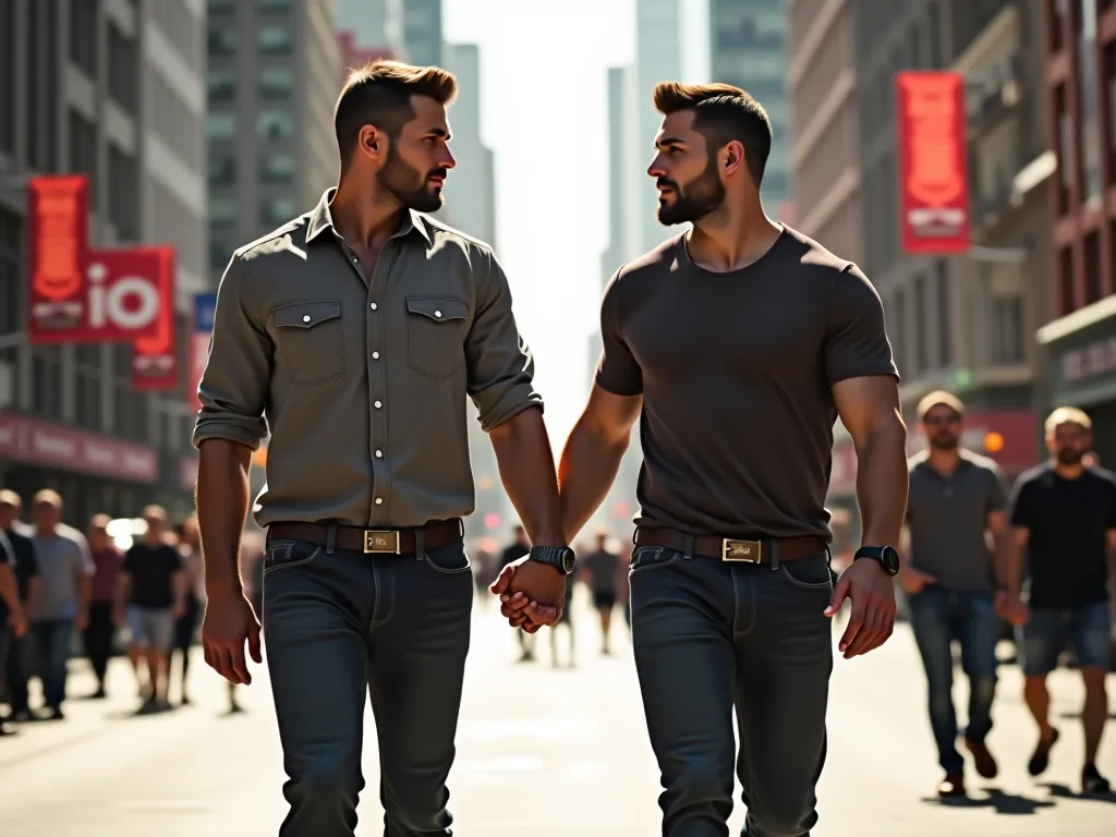 ２Human men are walking around the downtown area holding hands　 photos　 reality　realistic　 macho　Gay