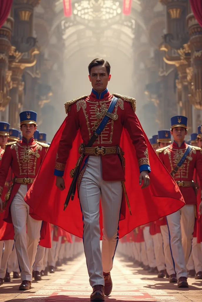 Give me a nice lay out for drum and lyre corp for band major show me the front and the back the up is red and blue and the pants is white and red male, with red cape.