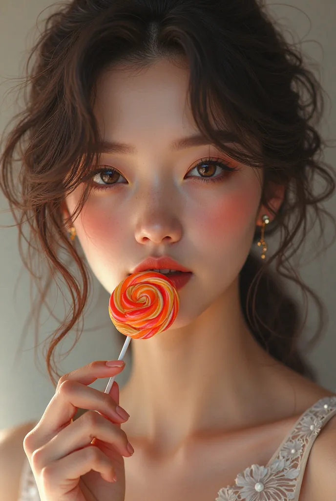 Create a image of beautiful sexy girl with lolipop in her mouth