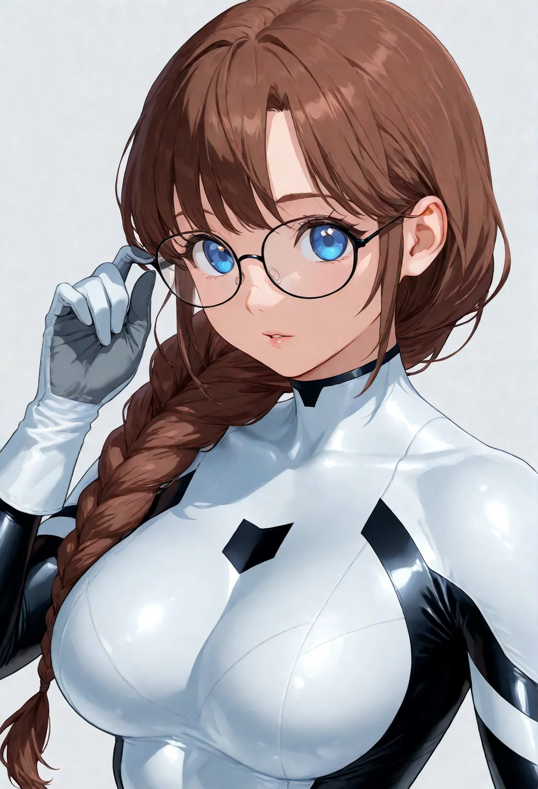 Anime cute young Woman with brown hair in a short braided ponytail over shoulder, with blue eyes, with glasses, in a very tight superhero suit with a black and white color scheme with stripe pattern, with full gloves, top body portrait