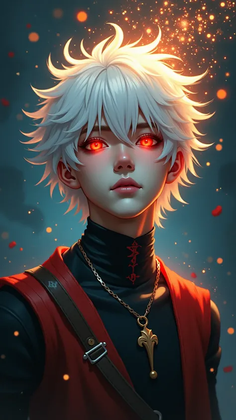  A painting representing the essence of magic in your world, Expose  white hair, The red-eyed protagonist ， A mysterious black mark on his neck ， immerses in a torrent of magical energy ,  glowing particles flying around him ，Mysterious symbols fly in the ...