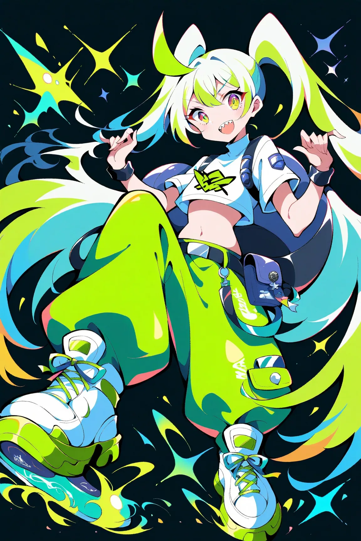 (has the best quality, graffiti sketch:1.2),practical, illustration designer  ,cunning，1 girl,  long white long hair anime girl with double ponytail, Big eyes and sharp teeth, wearing a white cropped vest and huge loose pants，blue and lime green color sche...