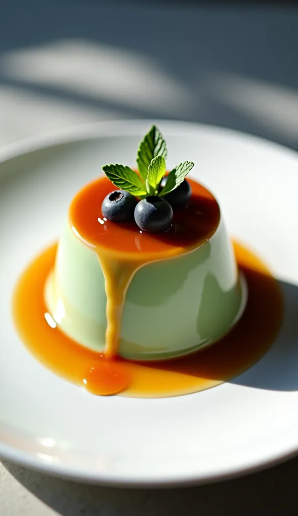 Hgraphic elements, Dynamic Light, Cinematics, HDR, UHD, professional PHOTOGRAPH OF:

"An artistic composition showcasing the caramel spinach pudding towered on a minimalist white plate with dramatic shadows. Surrounding elements like pomegranate seeds and ...