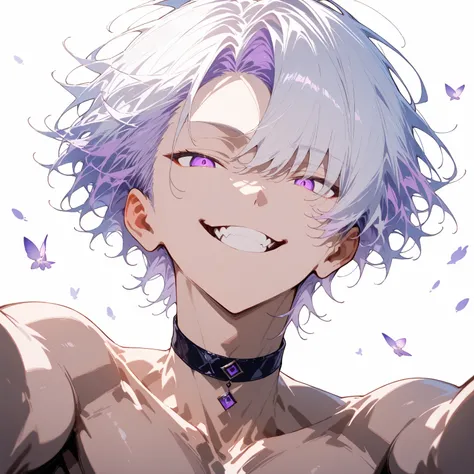 masterpiece, high score, great score, absurdres,
1boy,evil smile,male focus,20-yo, クモイエイテル, toned,twink,white hair, side-parted, lilac highlights,purple eyes,black choker,nude,white background,POV,year 2025