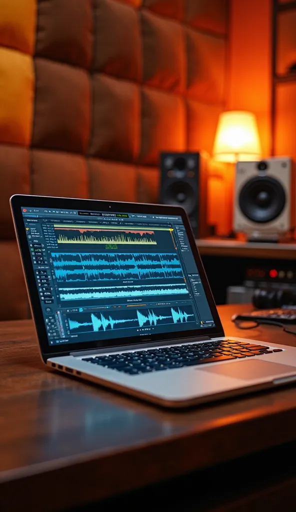 Show a multitracking of songs in progress. Show the waves progress on a laptop. Make it clear, vivid, state of the art. The studio is padded in chocolate brown and orange colours. Make it realistic 