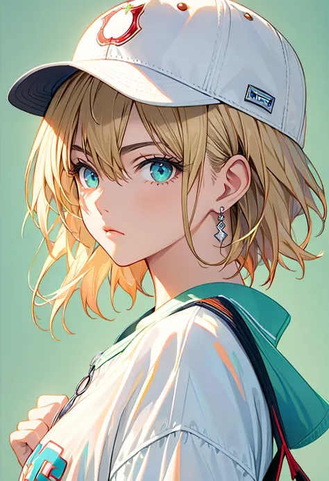 Tetsuya Nomura, masterpiece, best quality, 1 girl crouching, Aqua Eyes, baseball cap, blond hair, closed my mouth, earrings, green background,  above Decorati has , hoop earrings, jewelry, watching viewers,  shirt,  short hair, simple background, Alone, up...