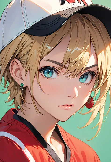 Tetsuya Nomura, masterpiece, best quality, 1 girl crouching, Aqua Eyes, baseball cap, blond hair, closed my mouth, earrings, green background,  above Decorati has , hoop earrings, jewelry, watching viewers,  shirt,  short hair, simple background, Alone, up...