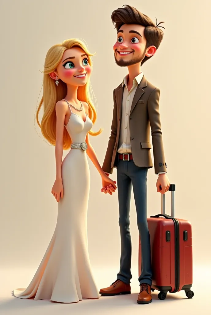 Pixar-type couple . Slim girl of medium height,  long blonde hair lashes.  light-skinned, blue-eyed . Tall boy with short dark hair, one day beard. They are dressed as brides. They carry a suitcase and they both smile very happy.