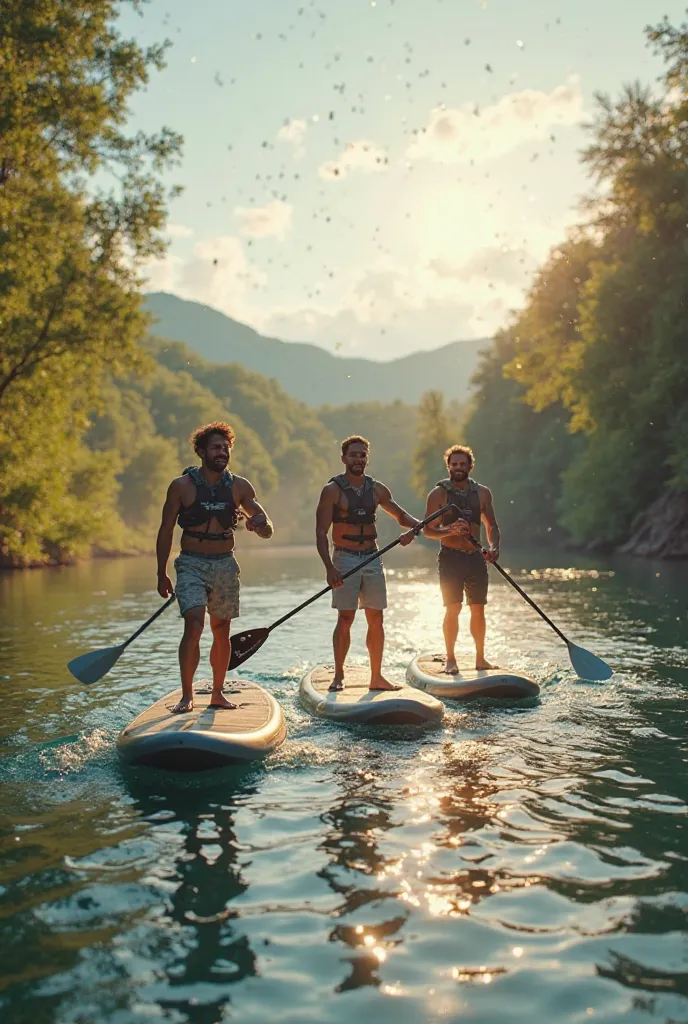 3 men paddle SUP boards on Ada Bojana