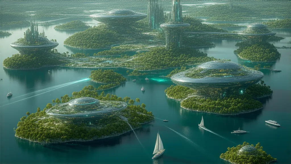 This is a futuristic cityscape. The picture features multiple islands surrounded by water. On these islands, there are various buildings with a sci-fi and futuristic style, such as spiral skyscrapers, domed structures, laser projections, rooftop swimming p...