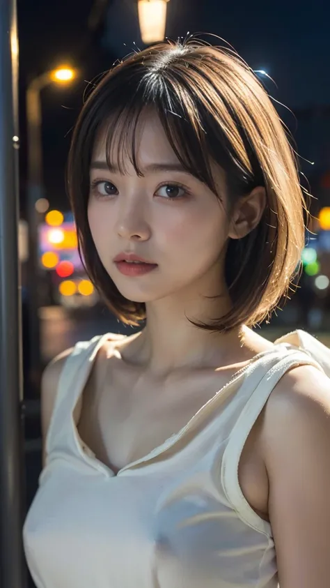 masterpiece, Highest quality, Very detailed, 8k, Realistic, One Japanese young woman, at midnight, ((city night),  (dark night)), ((Under a Streetlamp)),  Very detailed face, (head shot:1.5), Standing under a streetlamp, Cyberpunk dark cityscape,Pixie cut ...