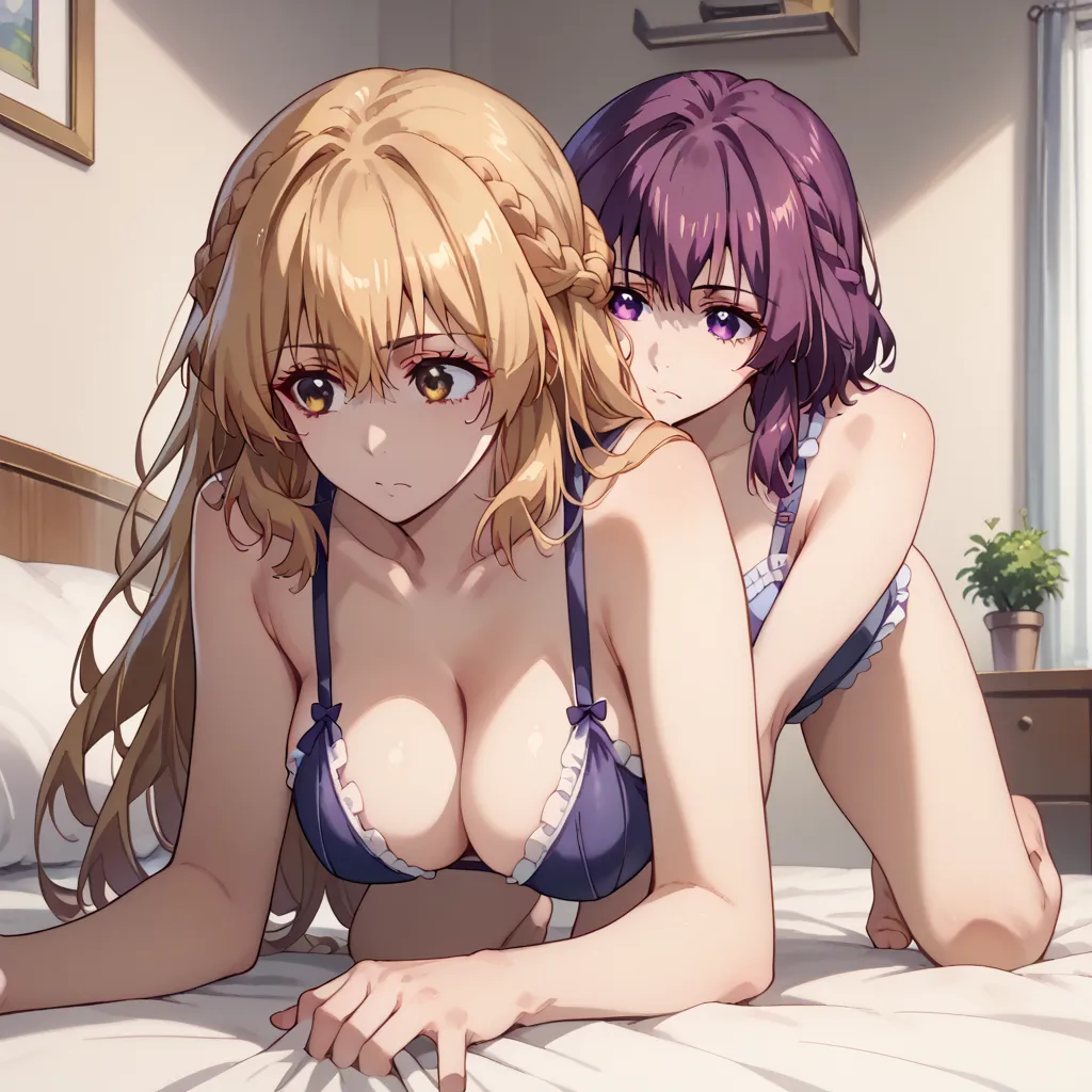 (su mucheng, long hair, blonde hair, yellow eyes, braids, hair braid), (Tang rou, short hair,purple hair,hair between eyes,bangs,purple eyes),(two girls one image), full body, sexy lingerie, doggy style, on all fours, bedroom, (huge breasts), 