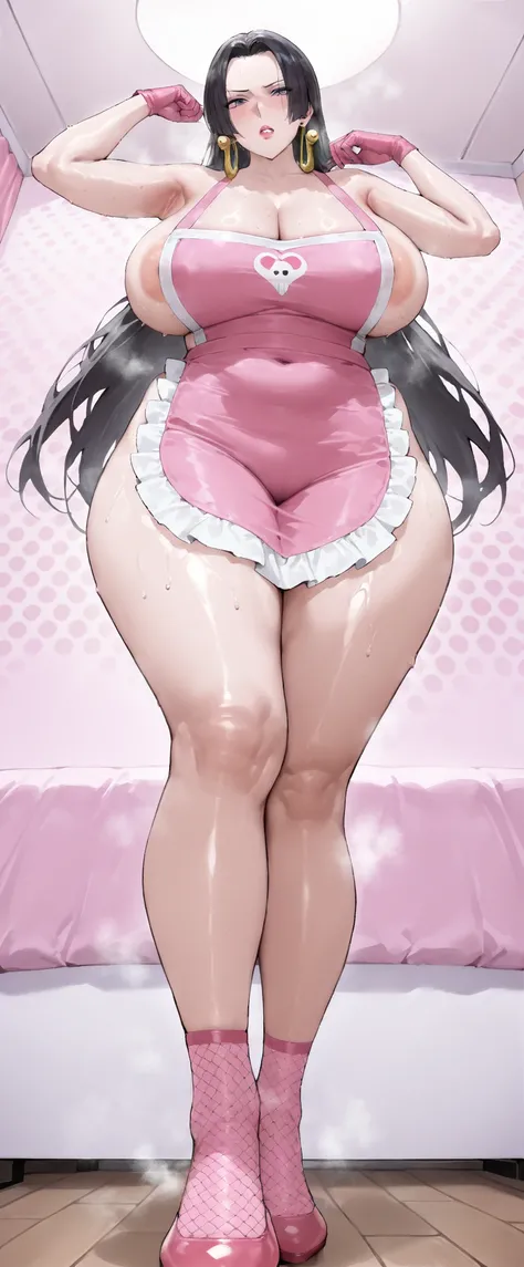 good hancock,   1girl , ( pink wall),(pink bed), (One mature adult woman with polka dot pattern の壁),(Artist: boingoo), (Artist: laser flip), (Artist: orushibu), ( cellulite :0.9), off shoulder,shiny skin,  beautiful skin,  bright skin look at viewer, Plump...