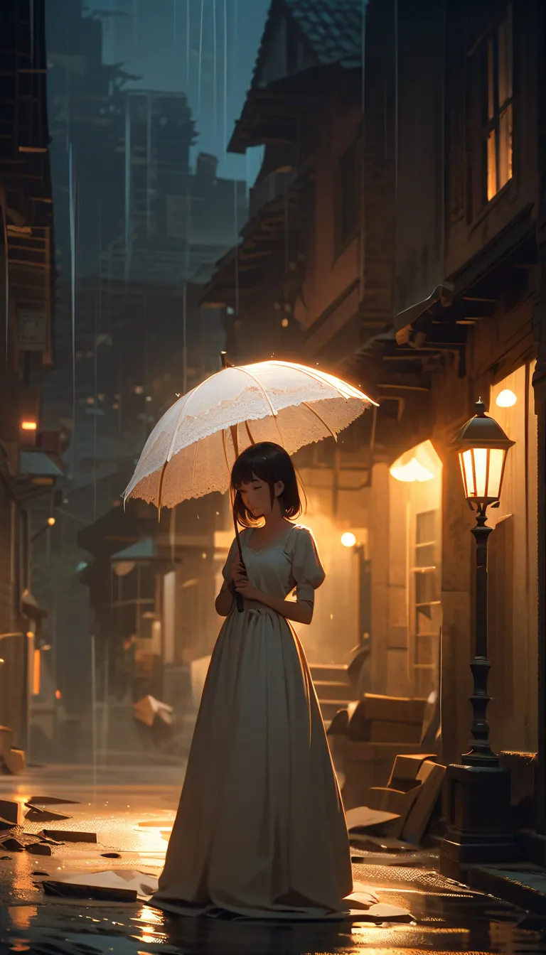 Masterpiece, woman standing under a streetlamp at night on an abondoned street, rain, holding umbrella, light dress, forlorn