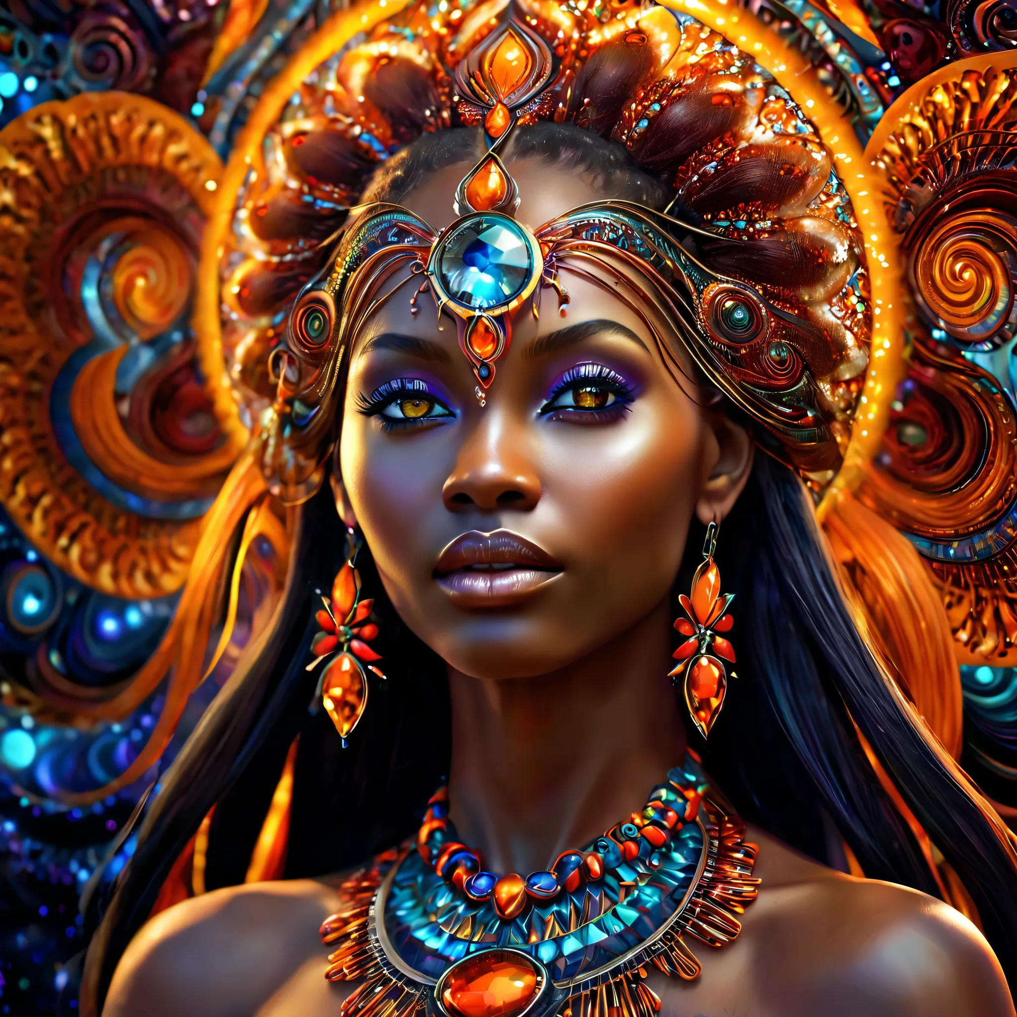 Fractals infused hybrid eith a beautiful black woman fractals sre her eyes down to the patterning in her skin ethereal otherworldly neinf of light translucent eith fractal patterns beaning out of her body red streaks orange streaks hyperdetailed intricate ...