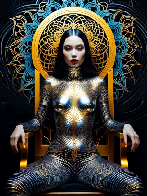 Double exposure, inpainting, acrylic paint. Double exposure, inpainting, Medium shot of a  vampire woman with glowing lines standing at a chrome steel throne,  overlaid  with crafted with embossed gold and silver floral patterns. the piercing engraving sho...