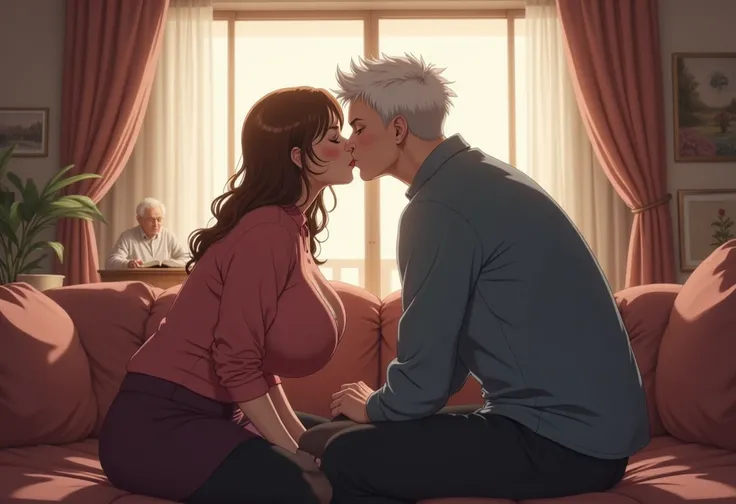  source_anime,mature old curvy 70yo thick stepmother and adult 18yo skinny shy stepson kissing while the old eldery father is in the background reading

3peoples

,fully clothed , sitting side by side, kiss, view from behind, (off-center), spacious living ...