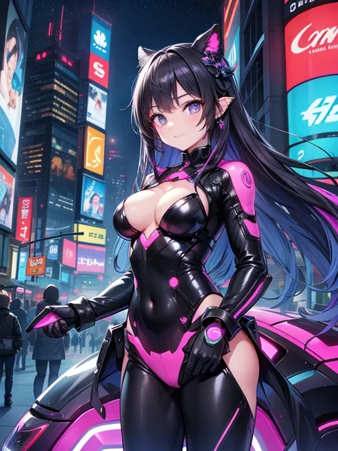 16～20-year-old female character。She has long, silky black hair and black eyes.、with clear body irregularities and a chest about a G cup。Has piercings in both ears。She wears clothes with a design that combines modern and futuristic styles.、stylish costume i...