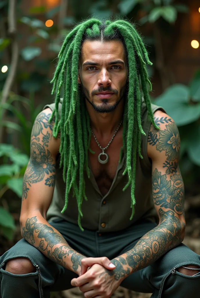 Draw a white man with green dreadlocks and clothes, with plant tattoos on arms. He in the New Years 