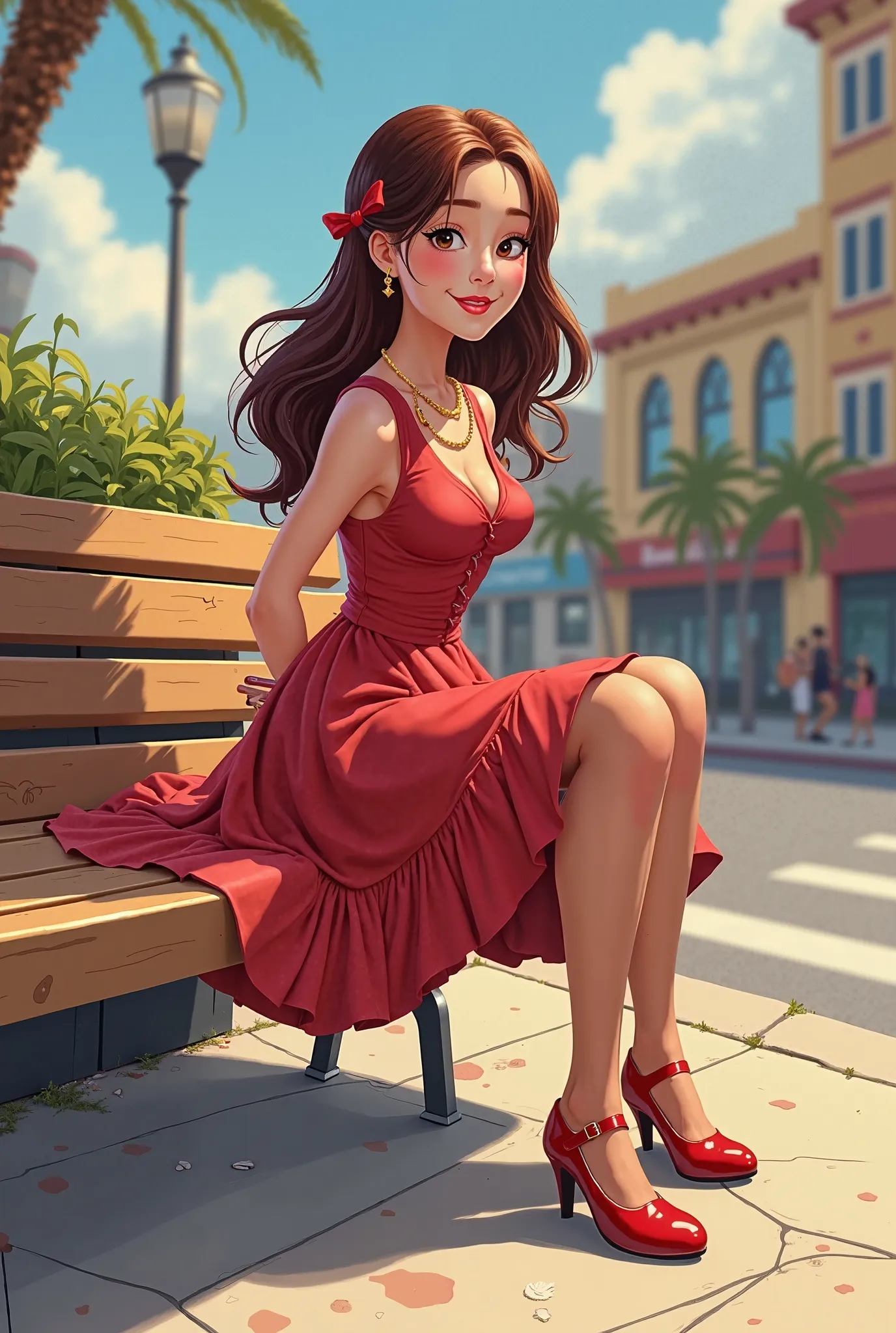 Tip: A very lovely  beautiful Asian American woman being happy alone on a bench in Downtown San Diego in the sun… The illustration is a high definition illustration with 4k resolution., with highly detailed facial features and cartoon style visuals, red kn...