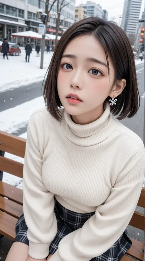 Japanese　 Adult Female　（（（ front view）））　blush　In a snowy cityscape　（（ white high neck sweater））　〈〈I'm wearing a black duffle coat〉〉　（（Plaid Mini Skirts））　（（）））　earrings　（（（by）））　〈〈 is slouching his face〉〉　Stick out your mouth　 Hair　〈〈〈 straight short hair...