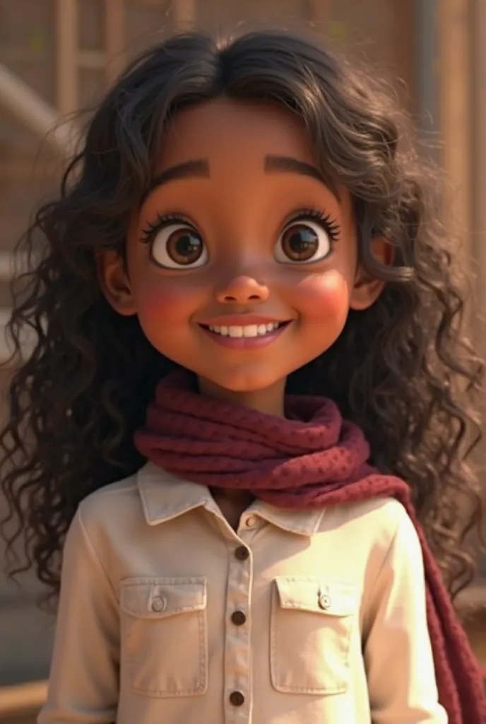 Personagem da Disney,  six years old, curly hair,  long hair, no bangs, light brown skin, black eyes, big eyelashes, wearing white button-down blouse with collar, wine neck scarf with white cloth clip attached to the front. smiling