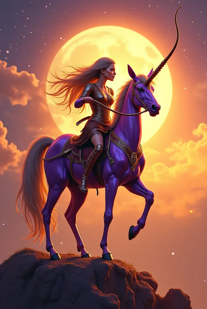 "a majestic centaur, with iridescent purple skin, bathed in the golden light of a point sun. Her bow and arrows are made of polished obsidian, and her costume is gold and purple, richly decorated with heavenly details. The background presents a twilight sk...