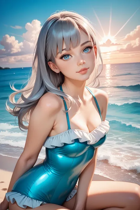 Gray-haired girl in a ruffle swimsuit at sea