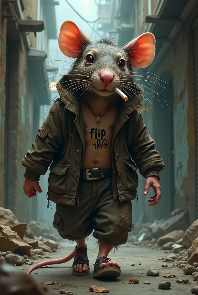  realistic rat, slightly beaten, dressed in street clothes, with a tattoo on her chest that says "flip flops", while smoking a cigarette and walking