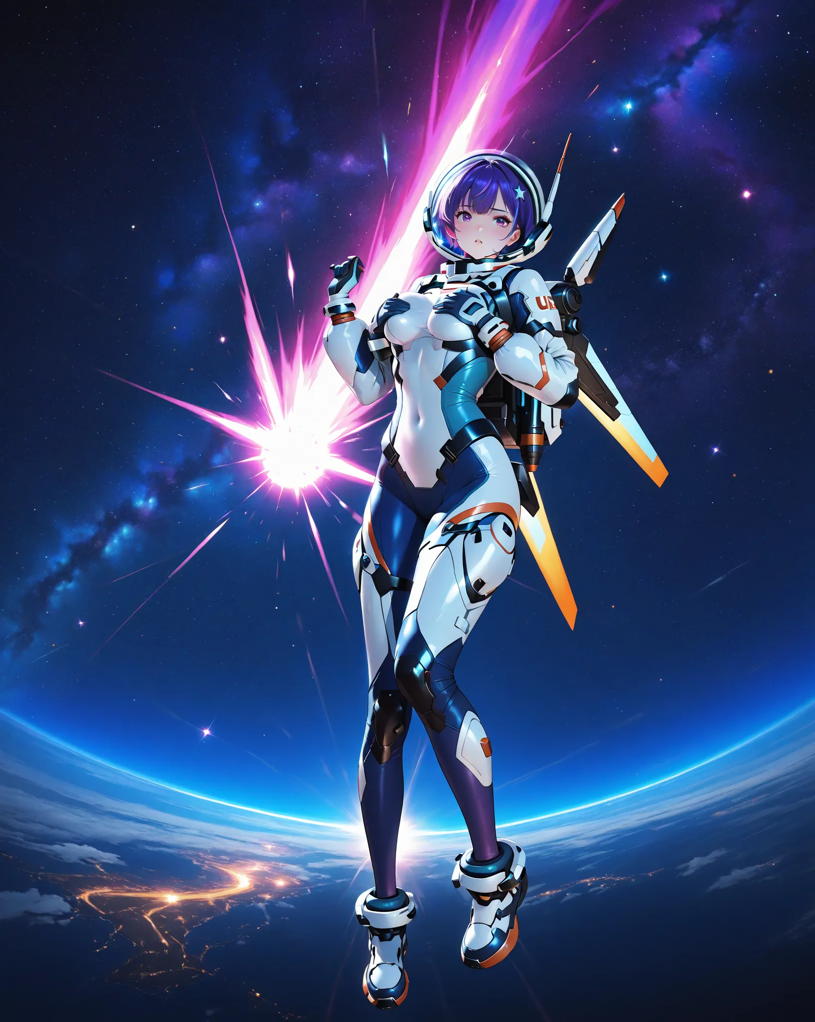 JN0, 1girl ,purple hair,short hair,space helmet, tight spacesuit, spacesuit showing its full silhouette, jetpack ,gloves ,shoes ,weapon of energy.
 is floating in space , holding her breasts with both hands, In the background stars and an incandescent mete...