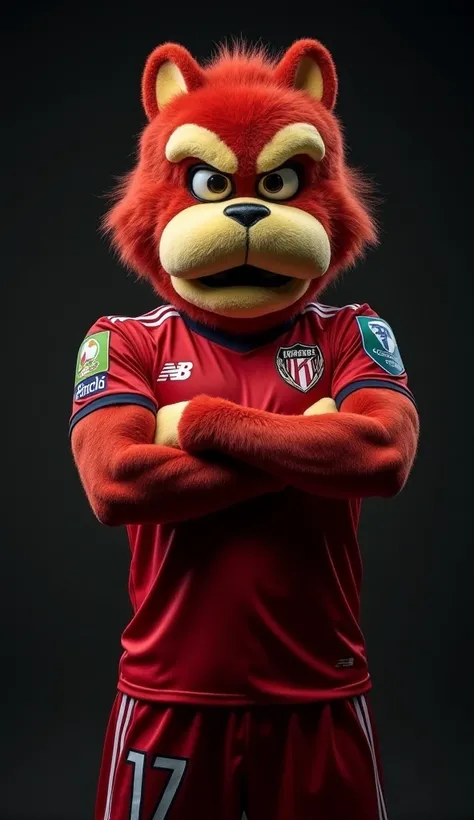 Create a prompt to manage image in seart: an PAVLIDIS  mascot of a football team,  is wearing the slbenfica kit, thePAVLIDIS 
 is angry and wants revenge, he is standing with his arms crossed, power pose, the background is dark