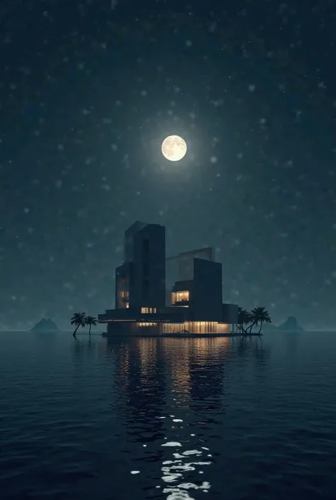 I want modern buildings from this era that emerge from a calm sea at night, all illuminated by the moon.