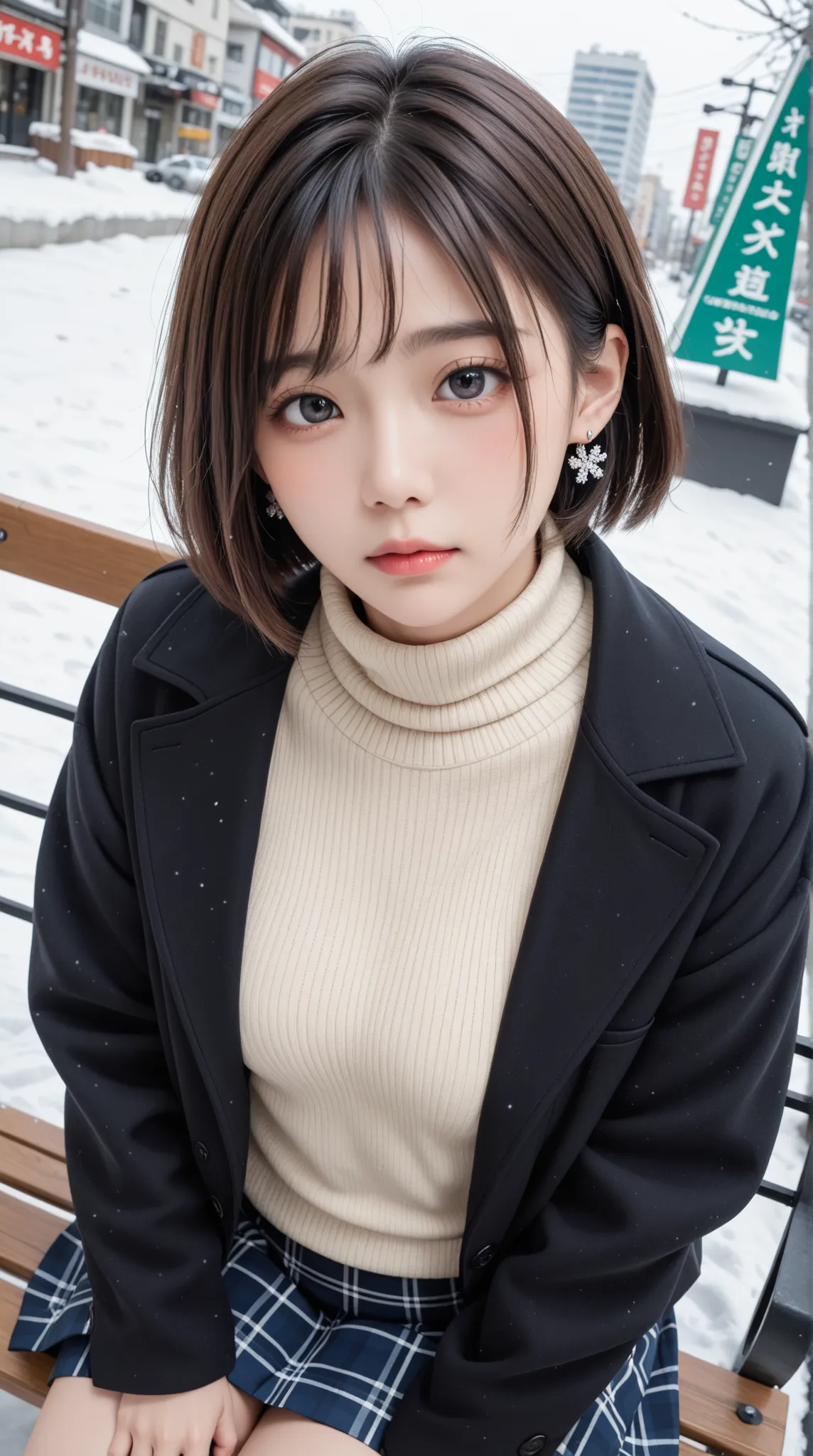 Japanese　 Adult Female　（（（Suki）））　blush　In a snowy cityscape　（（ white high neck sweater））　〈〈I'm wearing a black duffle coat〉〉　（（Plaid Mini Skirts））　（（）））　earrings　（（（by）））　〈〈 Head tilted to the side 〉〉　Stick out your mouth　 Hair　〈〈〈 straight short hair〉〉〉　...