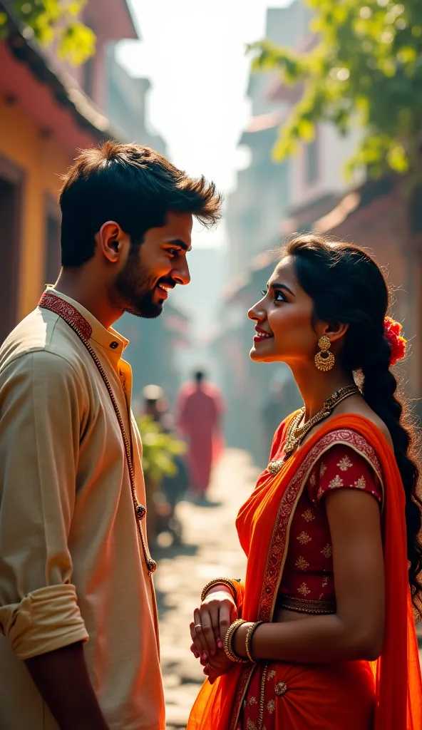 One young Indian man talking to the young Indian woman 