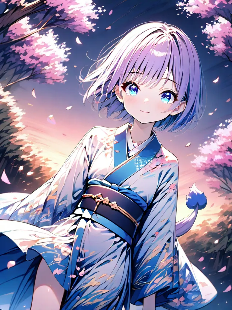 masterpiece, {{best quality}}, {super detailed}, {beautifully detailed eyes}, software,(Alone:1.0), ( 13yo girls:1.3),  Mysterious Forest ,short twin tail,  knee shot ,Detailed Patterned Kimono , (purple hair :1.2), (Sparkling blue eyes:1.2), ( petals, fal...