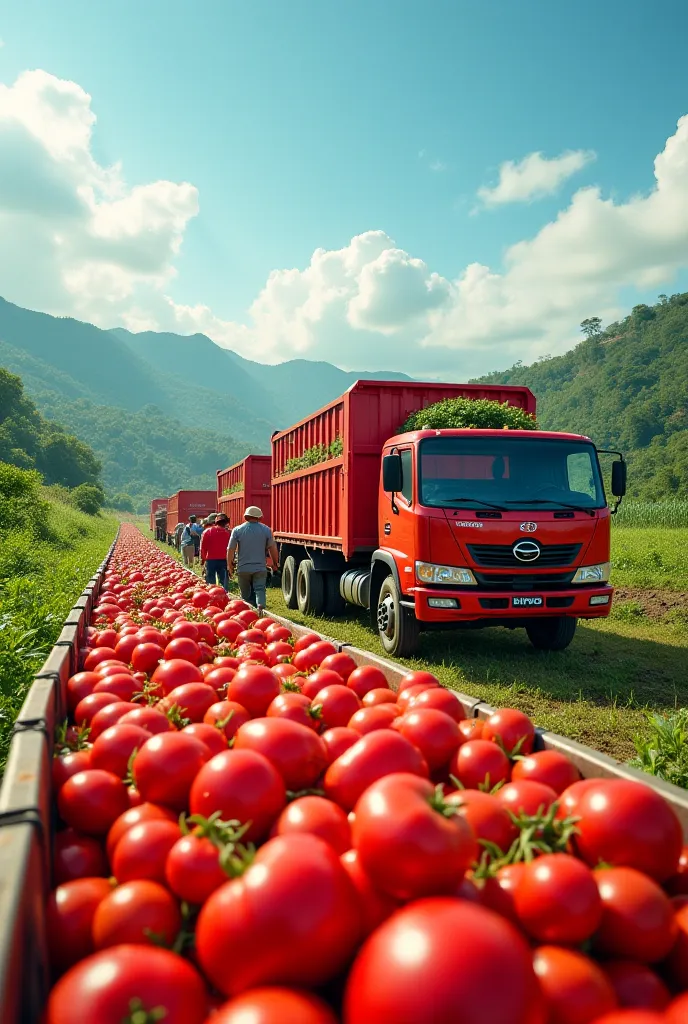 Filipino farmers with HINO TRUCKS AT THE BACK FULL OF LOADED TOMATOES. PLEASE EMPHASIS THE TRUCK