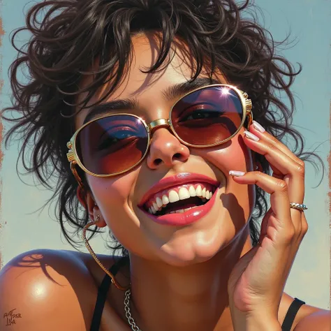 HD model, Awarded multiple times, breasts, Teeth,  smile, Holding the mouth,  Facing the other  (very close ), simple bottom, sunglasses,  impressionism, diversity, classicism,  outdoor, 