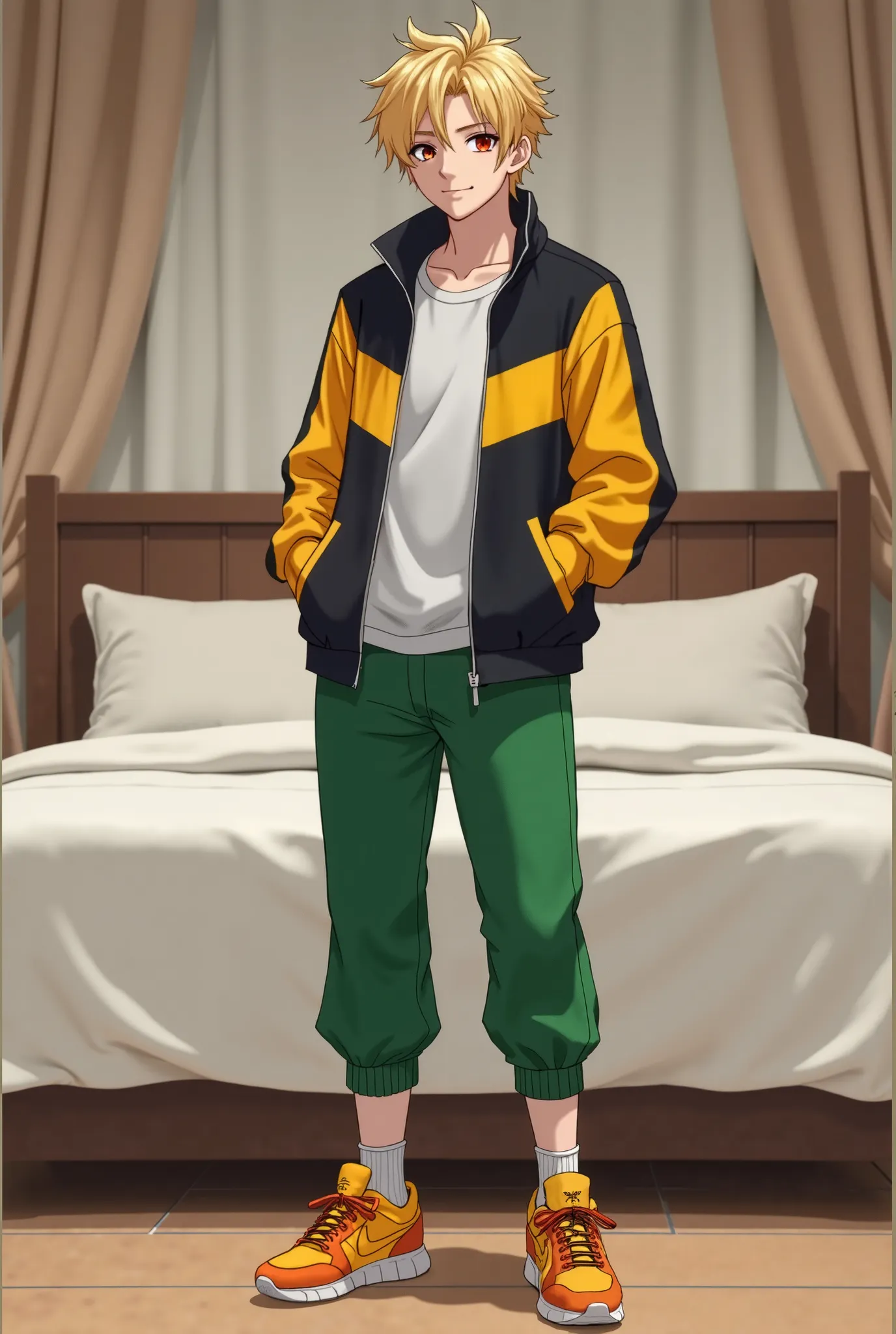 An 18-year-old anime-style adult boy, exuding maturity, stands in a vulnerable yet composed pose in front of a satin-covered bed visible in the background. He wears green cropped pants paired with a black and yellow tracksuit jacket, creating a vibrant and...