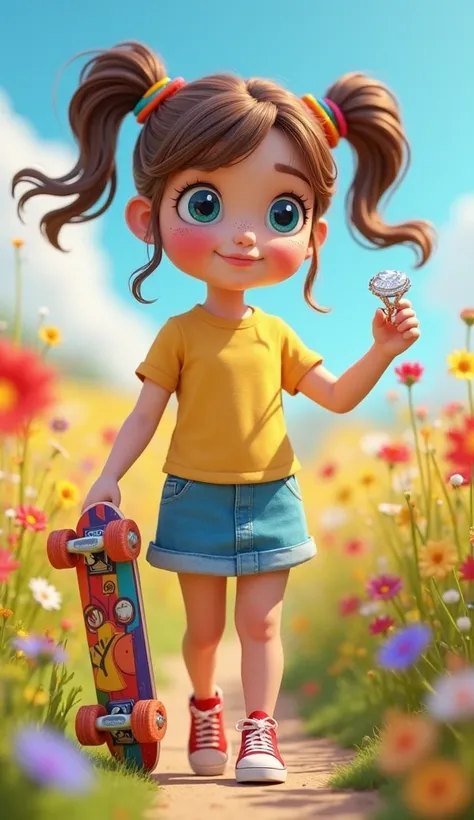 "Create a 3D animated girl with big blue eyes, rosy cheeks, and a curious expression, walking while holding a colorful skateboard in her left hand, her right hand raised to show a large diamond ring she’s gazing at. Her brown hair is in two messy pigtails ...