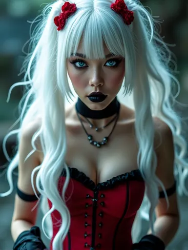  A gothic punk goth girl, perfect face, beautiful Asian woman with long White hair in White curls and coils, very cute and beautiful girl, (highly detailed beautiful face), high detailed fingers, (Deep Red corset with detailed frills), detailed face,
]cowb...