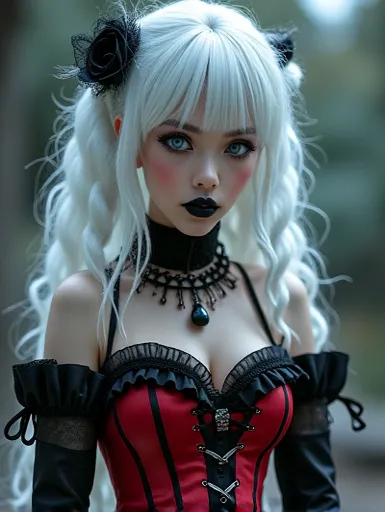  A gothic punk goth girl, perfect face, beautiful Asian woman with long White hair in White curls and coils, very cute and beautiful girl, (highly detailed beautiful face), high detailed fingers, (Deep Red corset with detailed frills), detailed face,
]cowb...