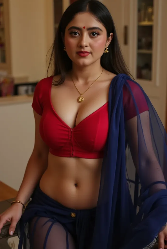 . Lady Pretty like princess, Indian woman is wet, she is wearing dark blue transparent saree on a bright red blouse, saree completely dropped on the floor, Large U Cut cleavage exposed, navel and complete midriff revealed, tight ,she is sweating heavily wh...