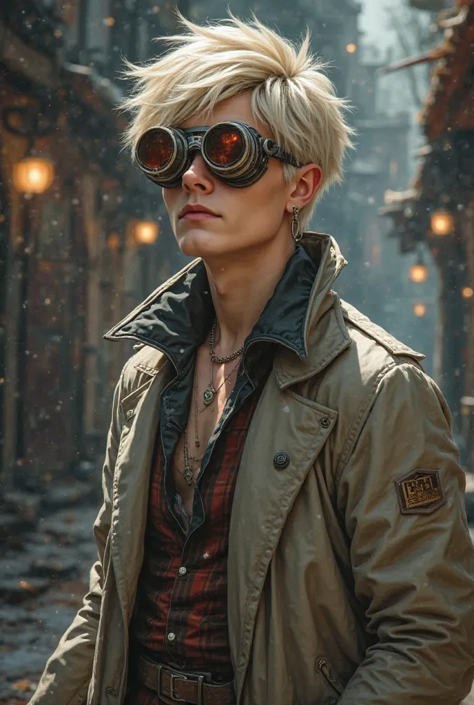 25-year-old male character, is a scientist and mechanic, From the time Steampunk, and a scientist's coat and the rest of his clothing is from the time, wears Steampunk-style lenses on his head, short platinum blonde hair, tall and handsome.