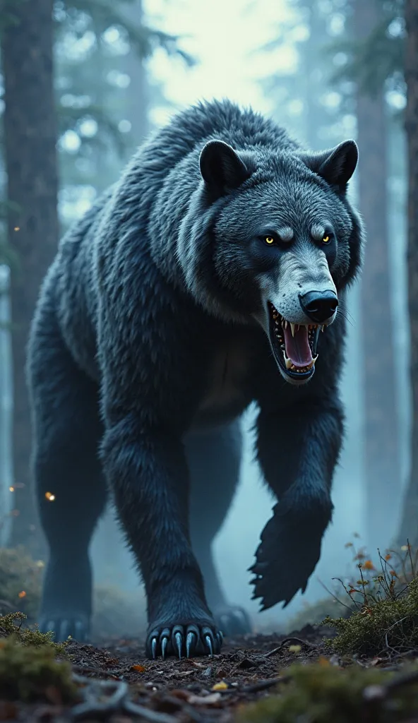 A formidable hybrid creature combining the strength of a black bear with the agility and sharp instincts of a white wolf. This beast has the massive, muscular frame of a bear, covered in a thick coat of fur that blends black and white in a striking pattern...